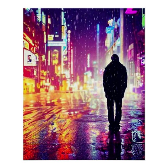 Pôster Solitário Cyberpunk No Poster Da Chuva (Frente)