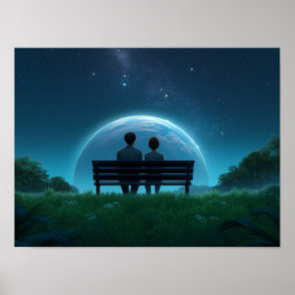 Poster Solitary Man on Bench Watching Birds Black and Whi