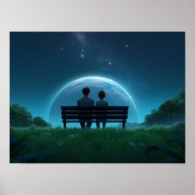 Poster Solitary Man on Bench Watching Birds Black and Whi (Frente)