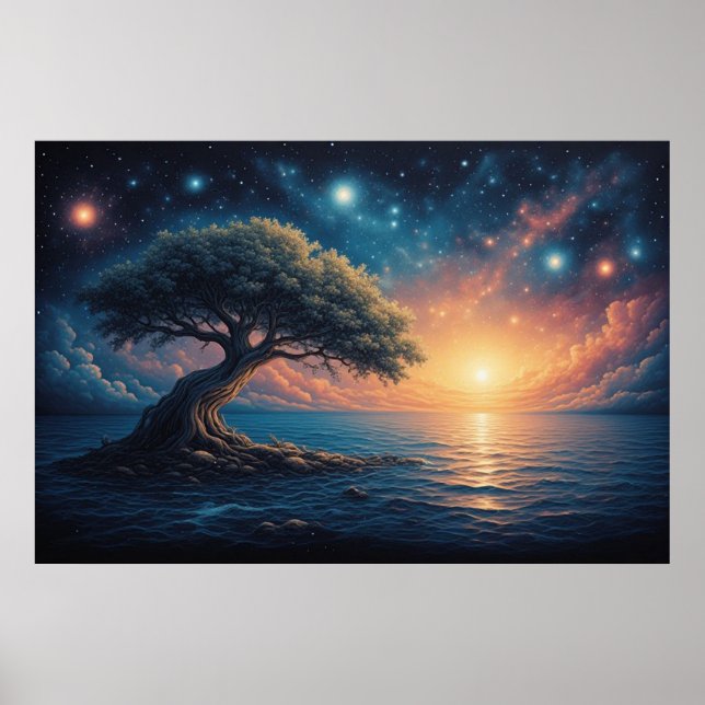 Poster Solitary Tree on Ocean at Sunset 🌅 Starry Fantasy (Frente)