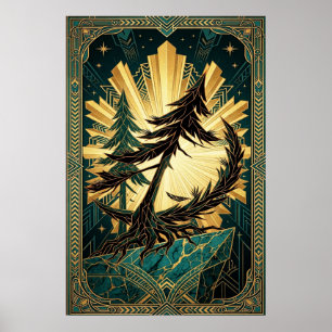 Poster Sombra de Pinheiro Art Deco Dourado Verde Água Pen