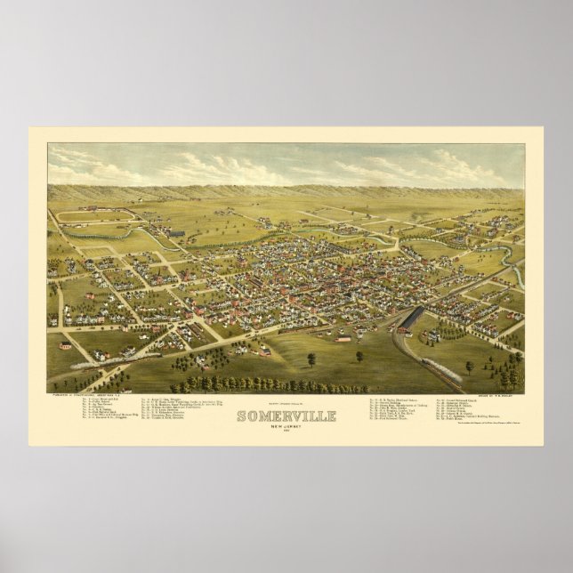 Pôster Somerville, Mapa Panorâmico do NJ - 1882 (Frente)