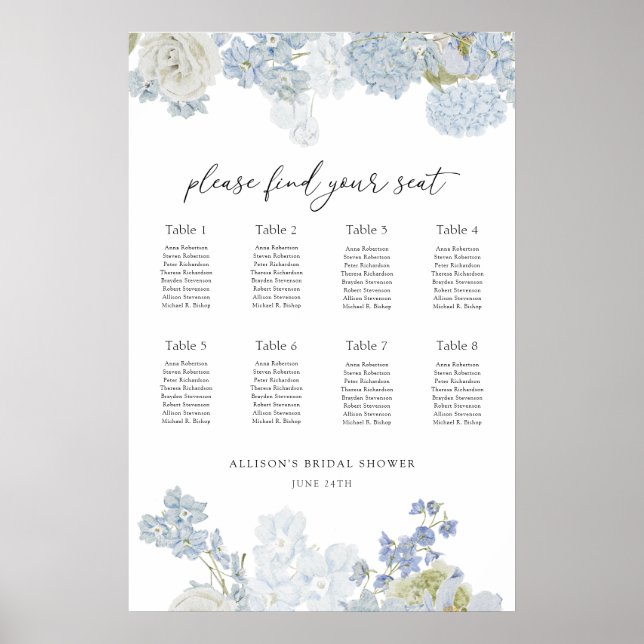 Poster Something Blue Wedding Shower Seating Chart (Frente)
