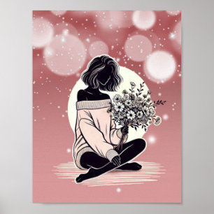Poster Sonhadora Elegância Rosa: Uma Reflexão Silenciosa