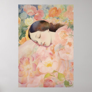 Poster Sonhando em Flor - Mulher Adormecida em Aquarela