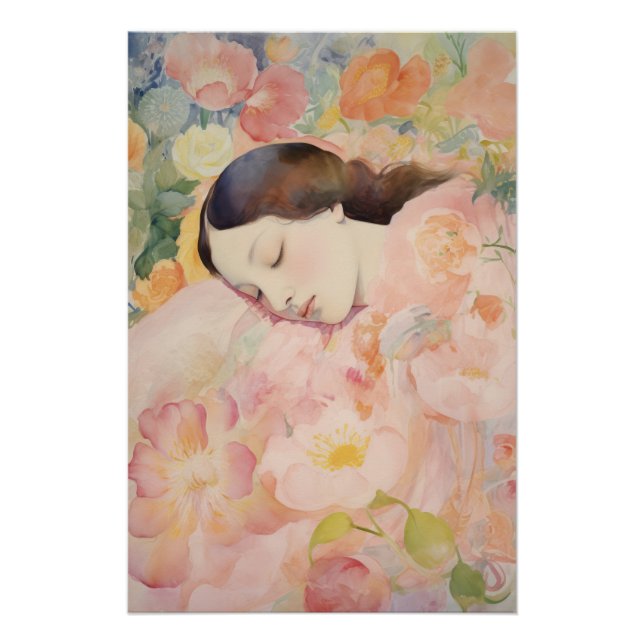 Pôster Sonhando em Flor - Mulher Adormecida em Aquarela (Frente)