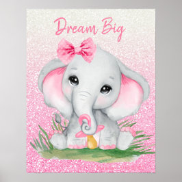 Poster Sonho Bonito Grande Elefante Menina Brilho Rosa  