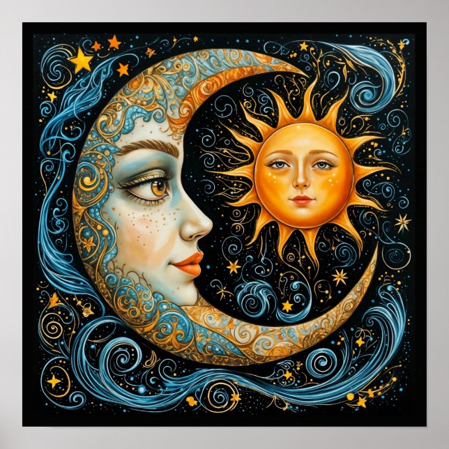 Poster Sonho Celestial Whimsical: Lua e Sol. Arte (Frente)