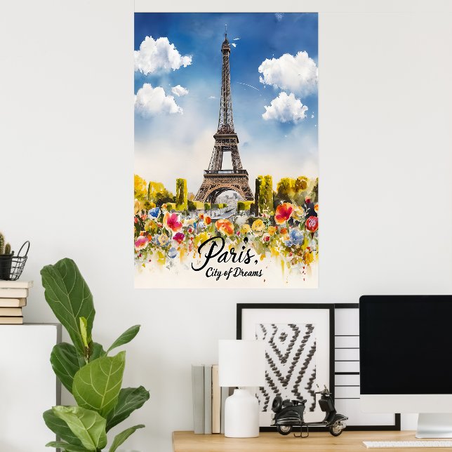 Poster Sonho de Aquarela Torre Eiffel (Escritório em casa)
