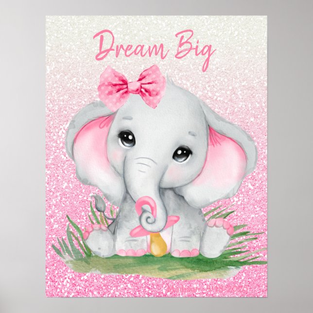 Poster Sonho Fofo Grande Elefante Menina Brilho Rosa   (Frente)