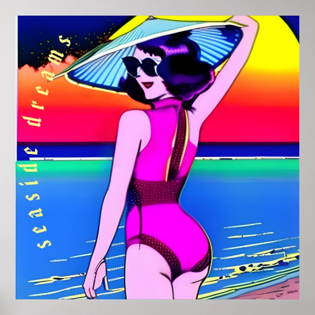 Poster Sonhos à beira-mar. Garota com chapéu chinês. Edit (Frente)