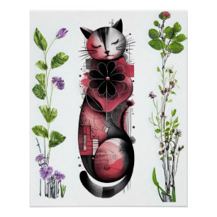 Pôster Sonhos Botânicos e Sussurros - Gato Abstrato