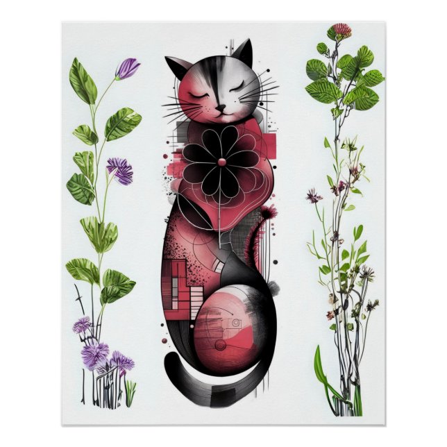 Pôster Sonhos Botânicos e Sussurros - Gato Abstrato (Frente)