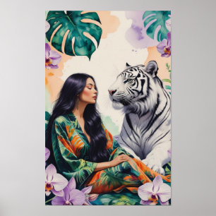 Poster Sonhos da Selva Boho Paisagem Tigre Branco & Mulhe