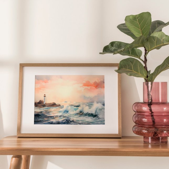 Poster Sonhos De Farol: Pintura De Aquarela Costeira (Embark on a visual journey to tranquil shores with a mesmerizing watercolor painting.)