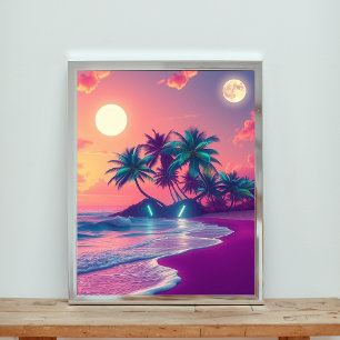 Poster Sonhos de Neon: Um Sunset Sereno na Praia Tropical