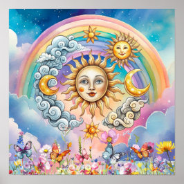 Poster Sonhos Doces Florais Sol, Estrelas & Lua