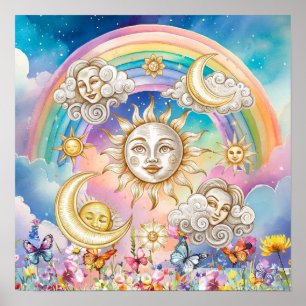 Poster Sonhos Doces Florais Sol, Estrelas & Lua