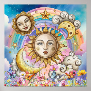Poster Sonhos Doces Florais Sol, Estrelas & Lua