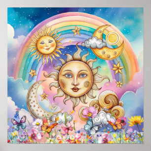 Poster Sonhos Doces Florais Sol, Estrelas & Lua