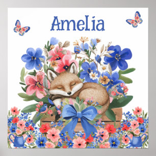 Poster Sonhos Doces Floral Raposa Adormecida & Nome da Cr