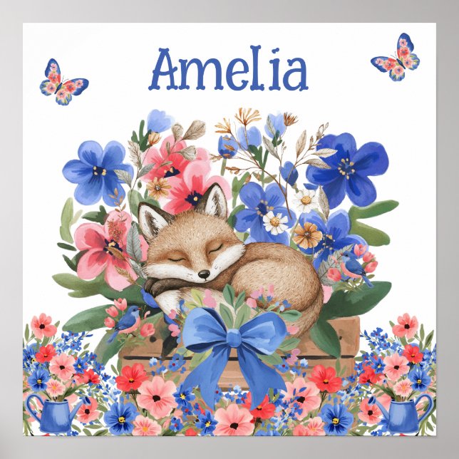 Poster Sonhos Doces Floral Raposa Adormecida & Nome da Cr (Frente)