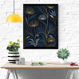 Poster Sonhos Florais de ouro - Marinho Azul e Arte Doura