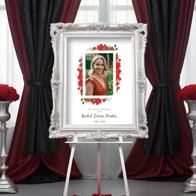 Poster Sophisticated Red Floral Garland In Loving Memory  (Sophisticated Red Floral Garland In Loving Memory Photo Poster. )