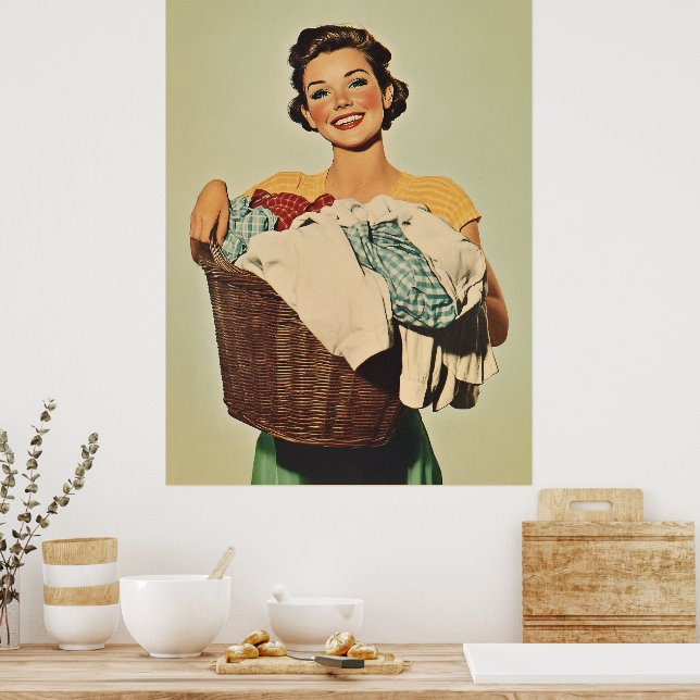 Poster Sorrindo dona de casa com cesta de lavanderia (Cozinha)