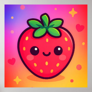 Poster Sorrindo Kawaii Strawberry no moinho de gradiente 