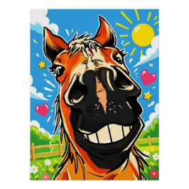 Pôster Sorriso Engraçado de Cavalo Desenho Animado Arte d