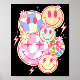 Poster Sorriso Retro Groovy Cara Flor Cara Feliz Xadrez