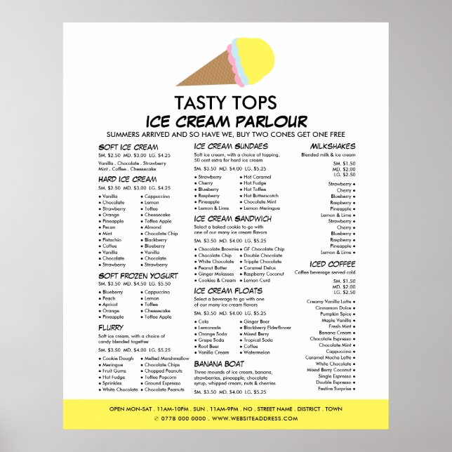 Poster Sorvete Cone, Sorvete Parlor Menu (Frente)