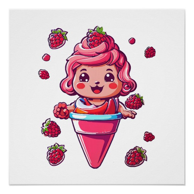 Pôster Sorvete de framboesa Kawaii (Frente)