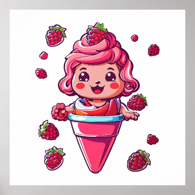 Poster Sorvete de framboesa Kawaii (Frente)