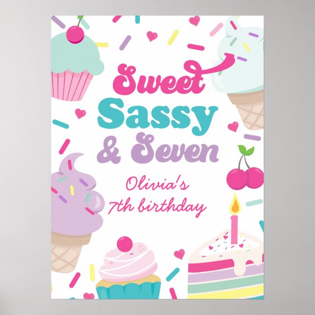Poster Sorvete e Bolo Doce Sassy Sete 7º Aniversário (Frente)