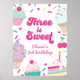 Poster Sorvete e Bolo Três é aniversário de 3 anos doce