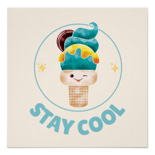 Pôster Sorvete em Cone de Aquarela Stay Cool Pastel