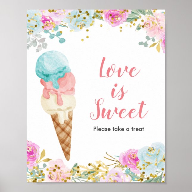 Poster Sorvete Pastel Watercolor Love is Sweet Sign (Frente)