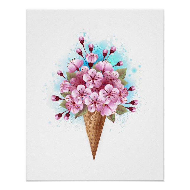 Pôster Sorvete Waffle Rosa Sakura Cone (Frente)