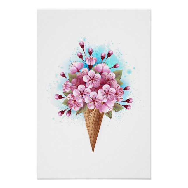 Pôster Sorvete Waffle Rosa Sakura Cone (Frente)