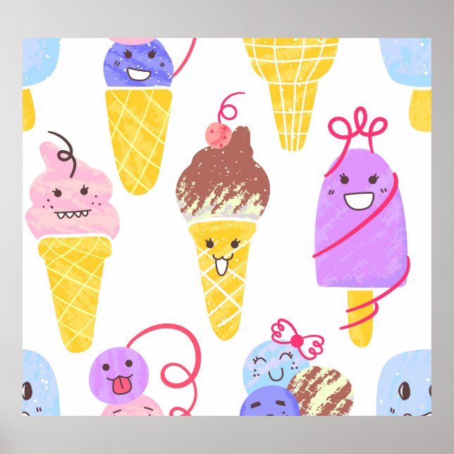 Poster Sorvetes Kawaii, um padrão bonito e perfeito. (Frente)