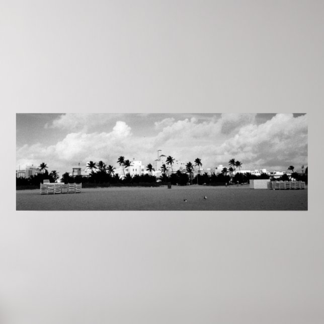 Poster South Beach Miami, Flórida Panorama Negro/Branco (Frente)