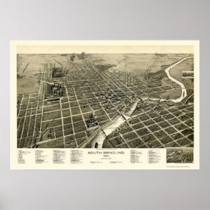 Pôster South Bend, EM Mapa Panorâmico - 1890