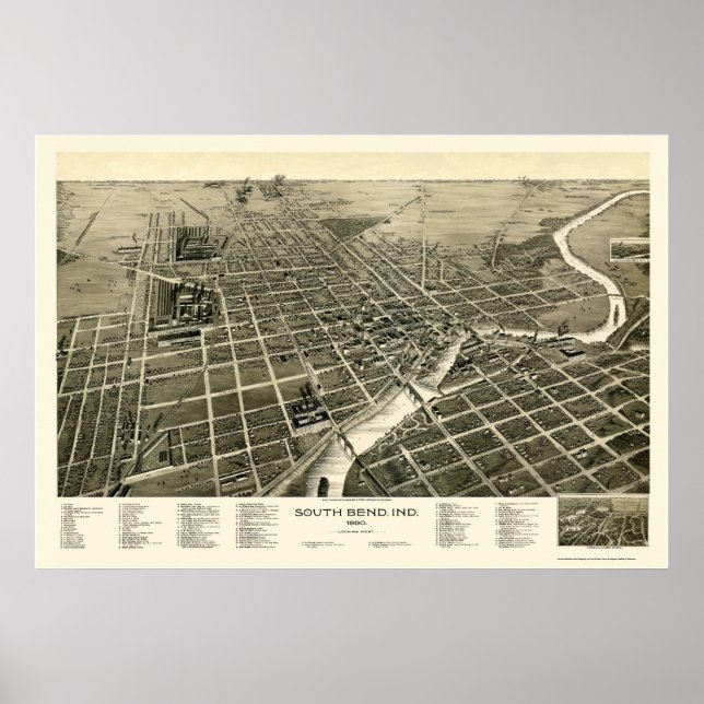 Pôster South Bend, EM Mapa Panorâmico - 1890 (Frente)