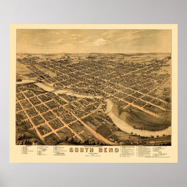 Pôster South Bend, NO Mapa Panorâmico - 1874 (Frente)