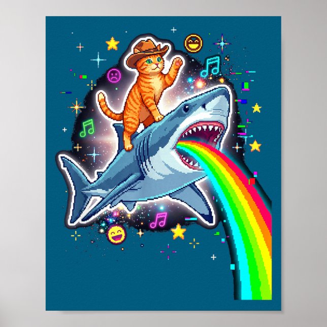 Poster Space Cowboy Cat Riding Shark Rainbow Xel Art  (Frente)