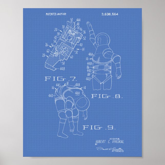 Pôster Space Suit 1972 Patent Art - Blueprint (Frente)