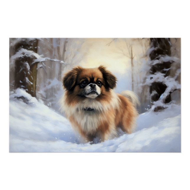 Pôster Spaniel Tibetano Deixe Nevar Natal (Frente)