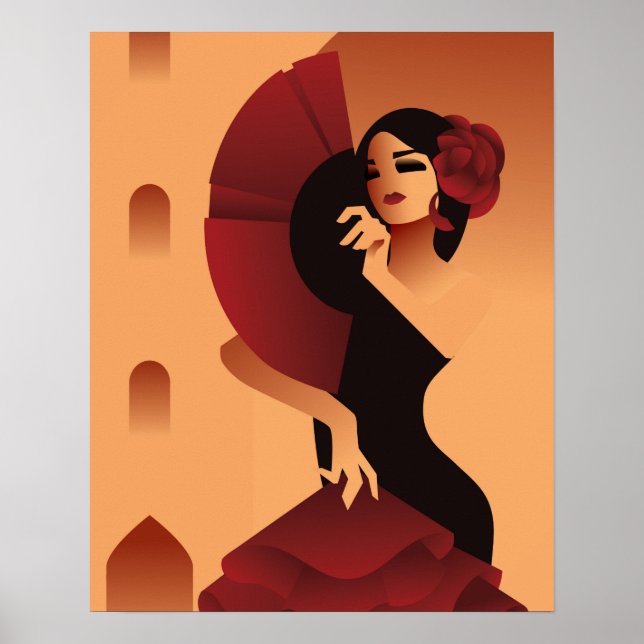Poster Spanish Lady with fan and rose in hair (Frente)